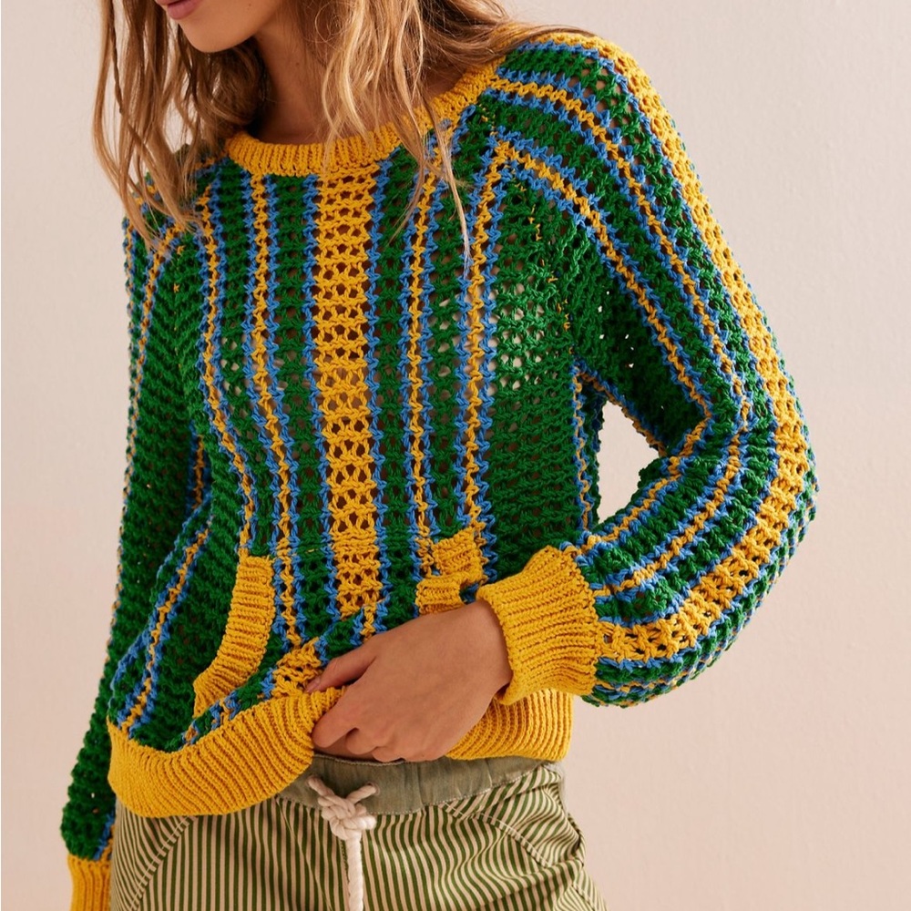 Free People NWT Dayton Sweater Pullover, pouch pocket sz sm green striped design